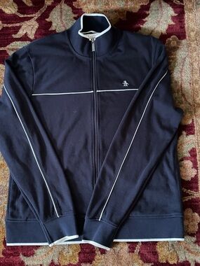 Original Penguin Men's Navy Zip-Up Sweater with White Piping